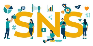 SNS. Sosyal Ağ Servisi, insanların sosyal ağlar ya da diğer insanlarla sosyal ilişkiler kurmak için kullandıkları çevrimiçi bir platformdur. Simgeli ve karakterli düz vektör illüstrasyonu.