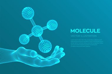 Elinde molekül var. DNA, atom, nöronlar. Moleküller ve kimyasal formüller. Tıp, bilim, teknoloji, kimya, biyoloji için 3d Bilimsel molekül arka plan. Vektör çizimi.