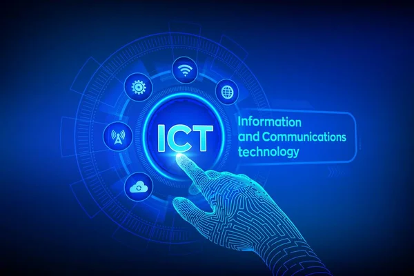 TIC. Concept de technologie de l'information et de la communication sur écran virtuel. Réseau de communication sans fil. Automatisation intelligente du système. Main robotique touchant interface numérique. Illustration vectorielle . — Image vectorielle