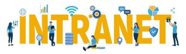 Intranet. Küresel Ağ Bağlantı Teknolojisi. Intranet Business Kurumsal iletişim doküman yönetim sistemi dms. İş takımı. Karakterler ve simgeler ile vektör çizimi.