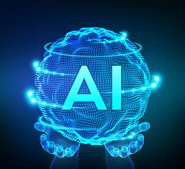 AI mesterséges intelligencia logo a kezében. Mesterséges intelligencia és a gépi tanulás koncepció. Gömb rács hullám-val kettes számrendszerhez tartozó kód. Nagy adatinnovációs technológia. Neurális hálózatok. Vektoros illusztráció. — Stock Vector