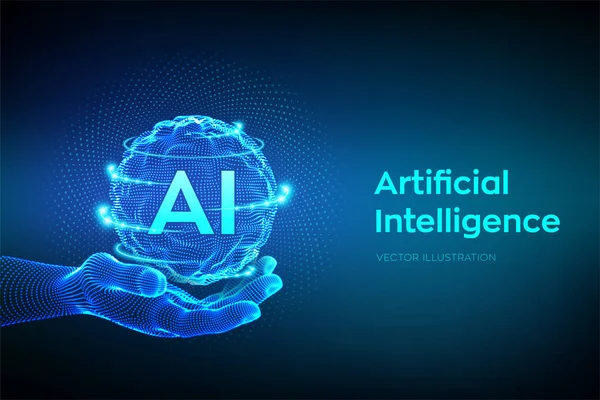 AI. Artificial Intelligence Logo in hand. Artificial Intelligence and Machine Learning Concept. Sphere grid wave with binary code. Big data innovation technology. Neural networks. Vector illustration. — Stock Vector