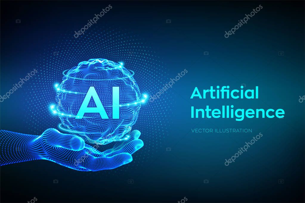 AI. Artificial Intelligence Logo in hand. Artificial Intelligence and Machine Learning Concept. Sphere grid wave with binary code. Big data innovation technology. Neural networks. Vector illustration