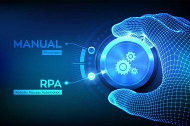 RPA Robotik İşlem Otomasyon Teknolojisi Konsepti. Tel çerçeveli el düğmeyi çeviriyor ve RPA kipini seçiyor. Akıllı sistem otomasyonu. Al. Yapay zeka. Vektör illüstrasyonu.