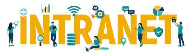 Intranet. Küresel Ağ Bağlantı Teknolojisi. Intranet Business Kurumsal iletişim doküman yönetim sistemi dms. İş takımı. Karakterler ve simgeler ile vektör çizimi.