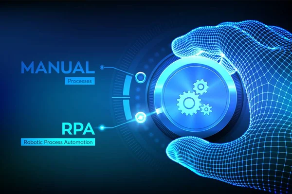RPA Robotik İşlem Otomasyon Teknolojisi Konsepti. Tel çerçeveli el düğmeyi çeviriyor ve RPA kipini seçiyor. Akıllı sistem otomasyonu. Al. Yapay zeka. Vektör illüstrasyonu.