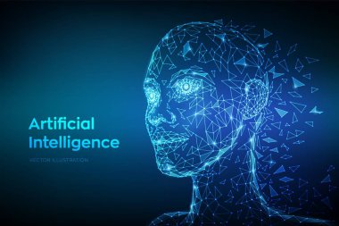Aı. Yapay zeka kavramı. Düşük poli soyut dijital insan yüzü. Robot dijital bilgisayar yorumlama insan kafası. Robotik kavramı. 3d çokgen kafa kavramı. Vektör çizimi.