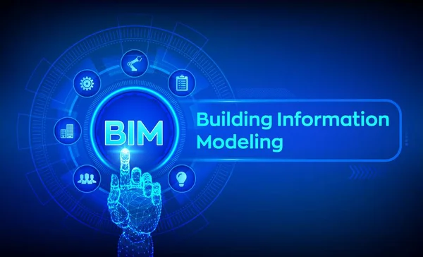 Bim. 가상 화면에서 정보 모델링 기술 개념을 구축합니다. 비즈니스 산업, 건축 및 건설 개념. 디지털 인터페이스를 만지는 로봇 손. 벡터 일러스트레이션. — 스톡 벡터