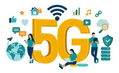 5g Ağ İnternet Mobil teknoloji konsepti. 5g kablosuz sistemler ve nesnelerin interneti. Yüksek hızlı mobil internet. Modern dijital cihazları kullanma. Simgeler ve karakterler içeren vektör çizimi.
