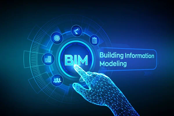 BIM. Building Information Modeling Technology konceptet på Virtual Screen. Affärs industri, arkitektur och byggkoncept. Robotic hand röra digitalt gränssnitt. Vektor illustration. — Stock vektor