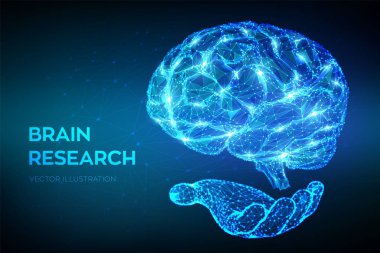 Beyin. Düşük poli soyut dijital insan beyni elinde. Sinir ağı. Iq testi, yapay zeka sanal öykünme bilim teknoloji kavramı. Beyin fırtınası. 3d çokgen vektör illüstrasyon.