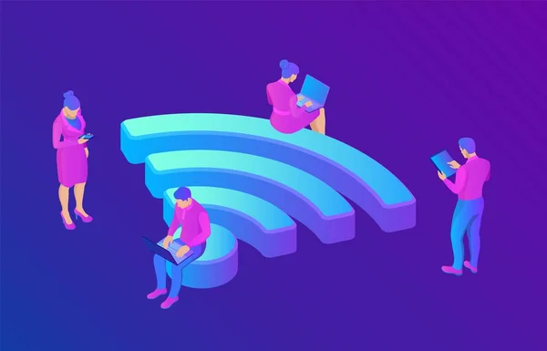Wi-Fi. People in public free wi fi hotspot zone. People surfing internet sitting on a big wifi sign. Public assess zone. Wireless connection technology concept. 3D isometric vector illustration. — Stock Vector