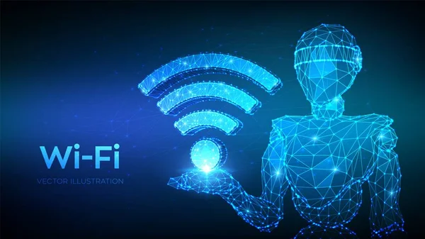 Wi-Fi. Signe Wi Fi abstrait bas poly. Accès WLAN, symbole de signal hotspot sans fil. Zone de connexion mobile. Transfert de données. Robot polygonal bas 3d abstrait tenant l'icône WiFi. Illustration vectorielle . — Image vectorielle