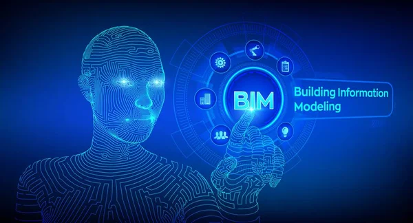 Bım. Sanal ekranda Bina Bilgi Modelleme Teknolojisi kavramı. İş Sanayi, Mimarlık ve İnşaat konsepti. Tel çerçeveli cyborg el dijital arayüz dokunmadan. Vektör. Eps 10.