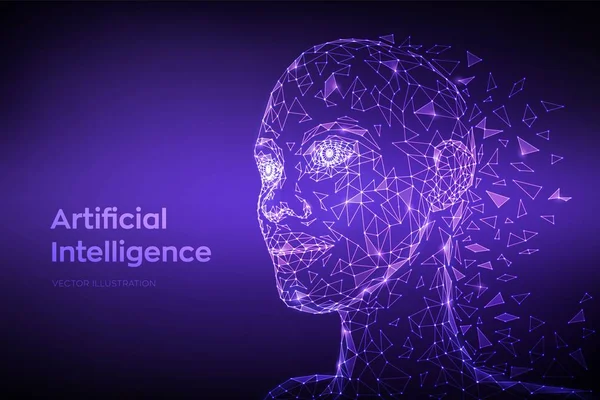 Ai. Concept van kunstmatige intelligentie. Laag poly abstracte digitale menselijke gezicht. Menselijk hoofd in robot digitale computer interpretatie. Robotica concept. 3D veelhoekige hoofd concept. Vector illustratie. — Stockvector