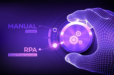 RPA Robotik İşlem Otomasyon Teknolojisi Konsepti. Tel çerçeveli el düğmeyi çeviriyor ve RPA kipini seçiyor. Akıllı sistem otomasyonu. Al. Yapay zeka. Vektör illüstrasyonu.