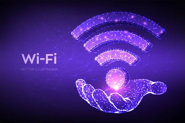 Wi-Fi 网络图标。低聚抽象 Wi Fi 登录在手。无线接入，无线热点信号符号。移动连接区域。路由器或移动传输。3d 多边形矢量插图. — 图库矢量图片