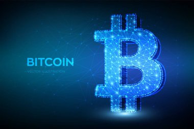 Bitcoin. Düşük poli soyut kafes çizgisi ve nokta Bitcoin işareti. Kripto para, sanal elektronik, internet parası. Ödeme sembolü. Cryptocurrency e-ticaret kavramı. 3d çokgen vektör illüstrasyon.