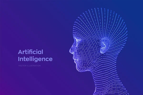 AI. Il concetto di intelligenza artificiale. Cervello digitale Ai. Faccia umana astratta digitale. Testa umana nell'interpretazione computerizzata digitale di robot. Concetto robotico. Concetto di testina wireframe. Illustrazione vettoriale. — Vettoriale Stock