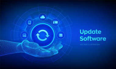 Robot eldeki simgeyi güncelleştirin. Sanal ekranda Yazılım sürüm kavramını yükseltin. Bilgisayar programı yükseltme iş teknolojisi internet kavramı. Vektör çizimi.