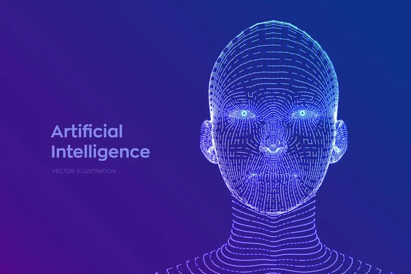 ИИ. Концепция искусственного интеллекта. Цифровой мозг. Абстрактное цифровое человеческое лицо. Голова человека в цифровой компьютерной интерпретации робота. Концепция робототехники. Концепция Wireframe head. Векторная иллюстрация. — стоковый вектор