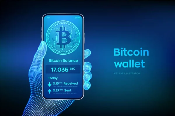 Akıllı telefon ekranında Bitcoin cüzdan arayüzü. Kriptopara ödemeleri ve blockchain teknolojisi tabanlı dijital para kavramı. Cep telefonunu tel kafes elinde kapatın. Vektör çizimi.