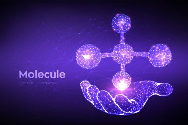 Molekül Yapısı. Düşük poli soyut Molekül elinde. DNA, atom, nöronlar. Moleküller ve kimyasal formüller. Tıp, bilim, biyoloji için bilimsel arka plan. 3d çokgen vektör illüstrasyon.