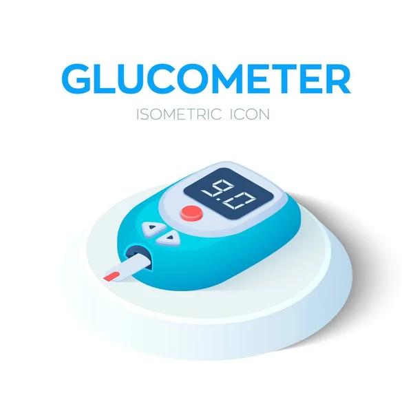 Icona isometrica glucometro. Controllo e diagnostica del diabete. Misuratore portatile di glucosio nel sangue. Controllo del livello di zucchero nel sangue tramite glucometro e striscia di prova a casa. Illustrazione vettoriale . — Vettoriale Stock