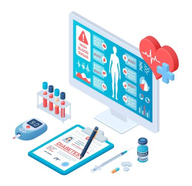 Tıbbi tanı - Diyabet. Diabetes mellitus tip 2 ve insülin üretimi. Kan şekeri ölçer, haplar, şırınga ve insülin şişesi. Ekranda Tıbbi tam vücut tarama yazılımı. Vektör çizimi