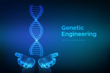 Elinde DNA dizisi var. Tel kafes DNA molekülleri yapı mesh. DNA kodu düzenlenebilir şablonu. Bilim ve teknoloji konsepti. Vektör Illustration.