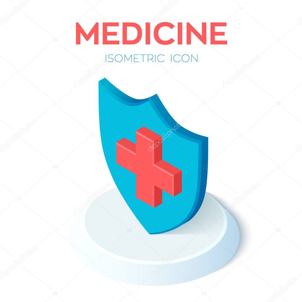 Medical shield with health cross isometric icon. Medical protection and health care. Pharmacy or Immunity sign. Vector illustration.