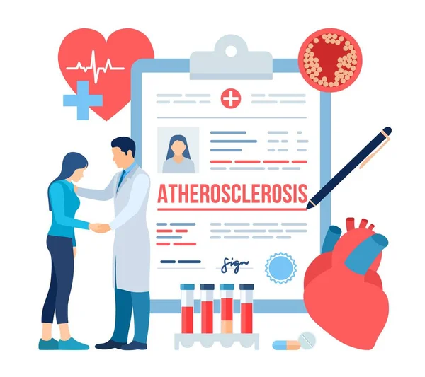 Diagnóstico médico - Aterosclerosis. El doctor se encarga del paciente. Ataque cardíaco. Sección de vasos sanguíneos con acumulación de depósitos grasos. Presión arterial alta en colesterol. Trombo en la nave. Vector . — Archivo Imágenes Vectoriales