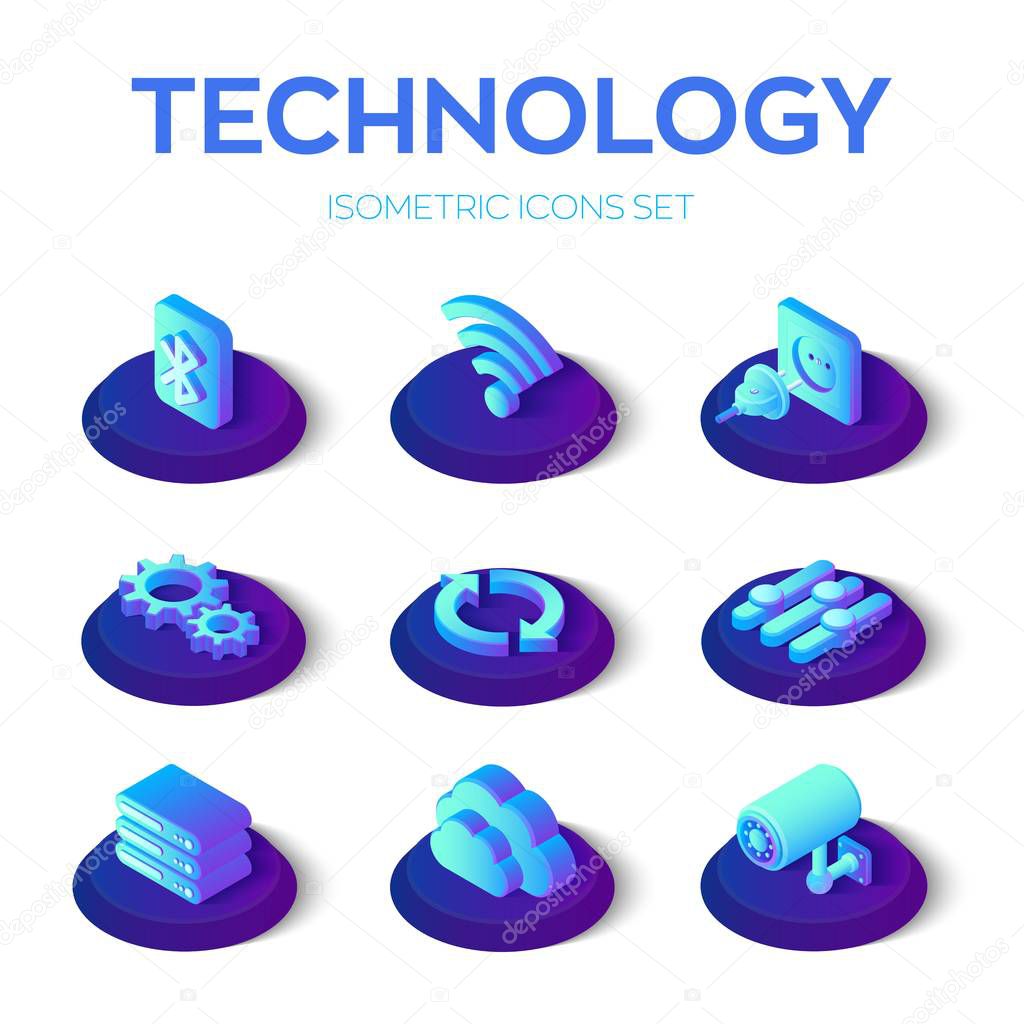 Isometric Technology icons set. Bluetooth, Wi-Fi, Plug and socket, Gears, Update, Settings, Server, Cloud and Camera isometric icons. Created for Mobile, Web, Decor, Application. Vector Illustration.