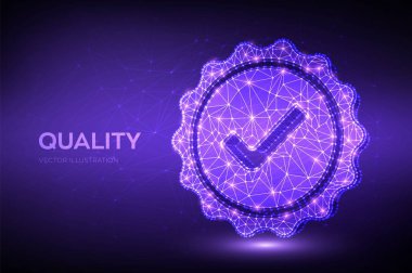 Kalite. Düşük çokgen Kalite simgesi denetimi. Standart Kalite Kontrol Belgelendirme Güvencesi. Garanti, premium seçim, iyi ürün, garanti kavramını seçin. Vektör çizimi.