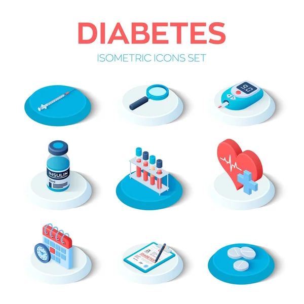 糖尿病-アイソメトリックアイコンを設定します。血糖値計,薬,注射器,インスリンバイアル,カレンダー,検索アイコン.糖尿病タイプ2およびインスリン産生の概念。ベクターイラスト. — ストックベクタ