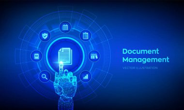 Bayan Dms. Belge Yönetim Veri Sistemi. Şirket veri yönetim sistemi. Gizlilik veri koruması. Business Internet Teknoloji Konsepti. Robot el dijital arayüze dokunuyor. Vektör illüstrasyonu.