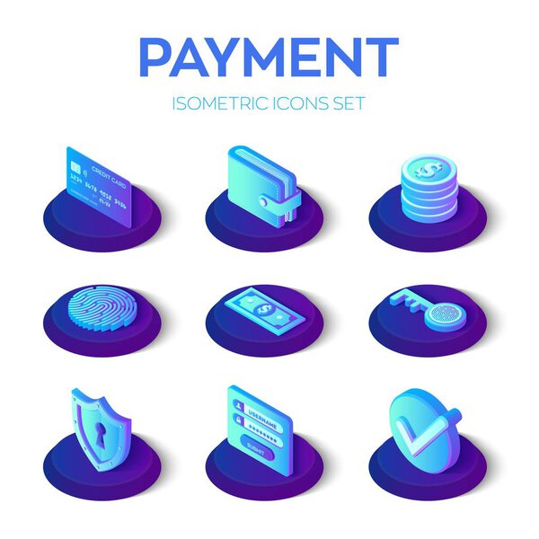 Online payments isons set. 3D isometric mobile payments icons. Personal data protection. Credit card, wallet, money, check and software access data as confidential. Vector illustration.