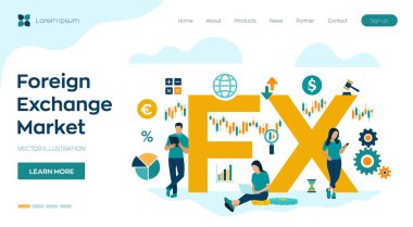 Fx. Döviz Piyasası. Küresel finans piyasası. Borsa. Forex Bankacılığı. Finansal yönetim ve finansal veri analizi. İş takımı. Simgeler ve karakterler içeren vektör çizimi.