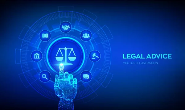 Çalışma hukuku, avukat, hukuk avukatı, sanal ekranda hukuki danışmanlık kavramı. İnternet hukuku ve siber hukuk dijital yasal hizmetler ya da online avukat tavsiyesi olarak. Robot el dijital arayüze dokunuyor. Vektör