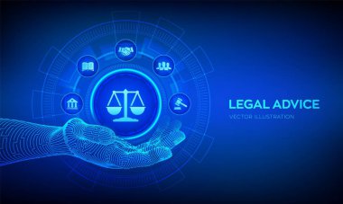 Çalışma hukuku, avukat, hukuk avukatı, sanal ekranda hukuki danışmanlık kavramı. İnternet ve siber hukuk dijital yasal hizmetler ya da online avukat tavsiyesi olarak. Robot eliyle kanun işareti. Vektör illüstrasyonu.