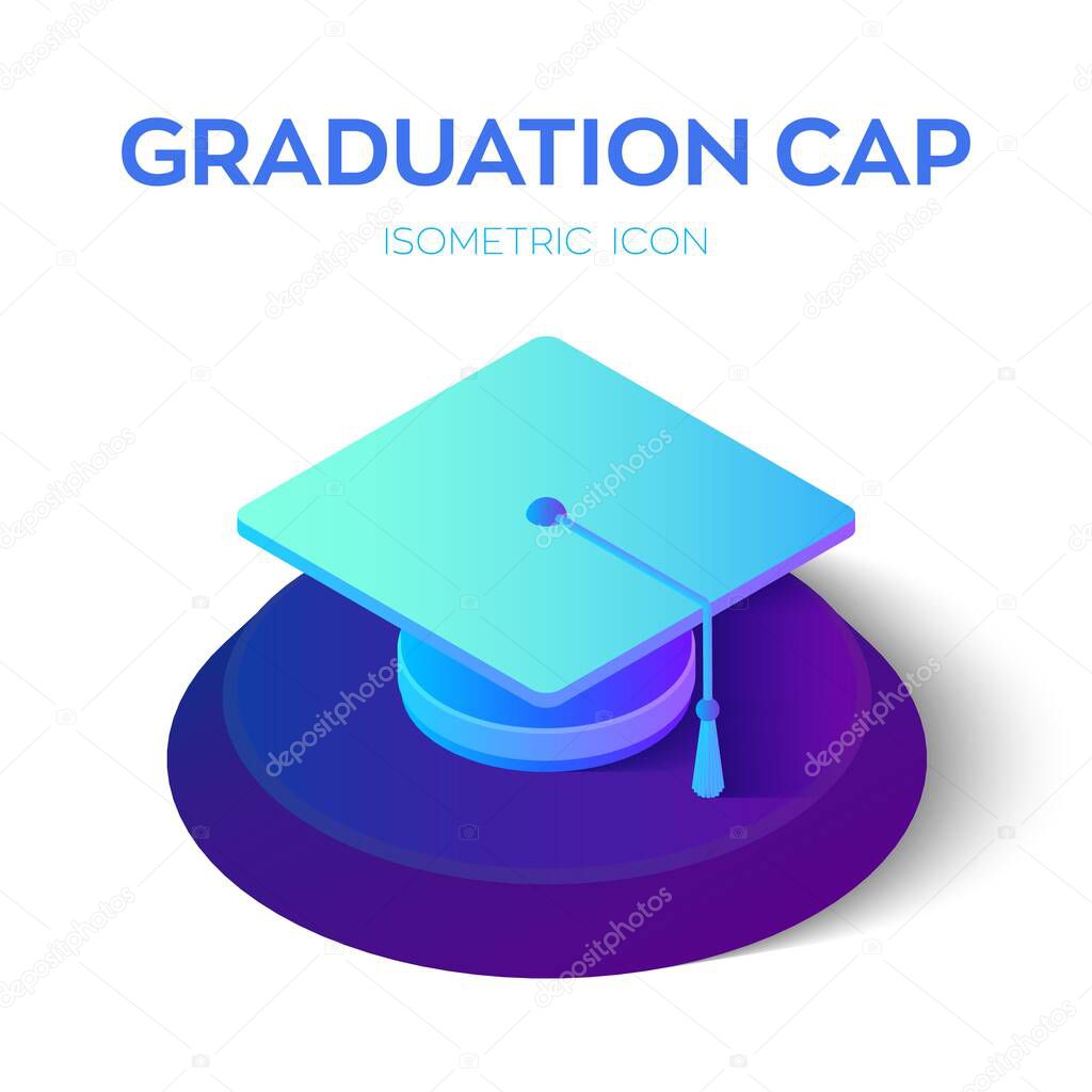 Graduation cap. 3D isometric Student hat icon isolated on white background for learning and academic study concept. E-learning and Education infographic template design. Vector illustration
