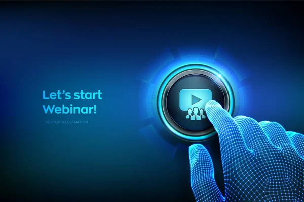 Giyin. İnternet konferansı. Web tabanlı seminer. Mesafe öğrenme. Sanal ekranda e-öğrenim iş teknolojisi kavramı. Robot el dijital arayüze dokunuyor. Vektör illüstrasyonu
