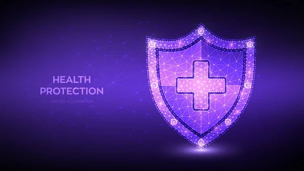 Medical health protection shield with cross. Healthcare medicine protected abstract guard shield concept. Health, medical and life insurance service. Low polygonal vector illustration