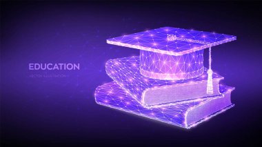Mezuniyet şapkası ve kitaplar. Kitaplı soyut Low Polygonal Öğrenci şapkası. E-öğrenme konsepti. Yenilikçi online eğitim. Uzaklık dereceli sertifika programı. Akademik çalışma. Vektör illüstrasyonu