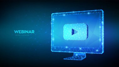 Giyin. Webinar simgesi olan soyut düşük çokgen bilgisayar monitörü. İnternet konferansı. Web tabanlı seminer. Mesafe öğrenme. E-öğrenme işi teknolojisi sembolü. Vektör illüstrasyonu