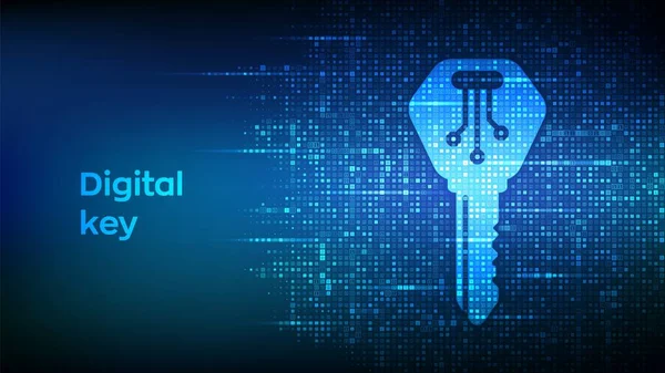 Dijital anahtar. İkili kodla yapılmış elektronik anahtar simgesi. Siber güvenlik ve erişim geçmişi. Dijital ikili veri ve dijital kod yayını. 1.0 basamaklı matris arkaplanı. Vektör İllüstrasyonu