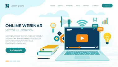 Giyin. İnternet konferansı. Web tabanlı seminer. Mesafe öğrenme. E-öğrenme işi konsepti. Video dersleri için. Çevrimiçi kurslar. İş yeri ve dizüstü bilgisayarla çalışmak. Vektör illüstrasyonu
