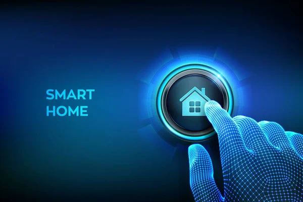 Smart Home Automation Control System Concept Closeup Finger Press Button — Stock Vector