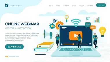 Giyin. İnternet konferansı. Web tabanlı seminer. Mesafe öğrenme. Simgeler ve karakterlerle e-öğrenme konsepti. Video dersleri için. Çevrimiçi kurslar. İş yeri ve dizüstü bilgisayarla çalışmak. Vektör illüstrasyonu