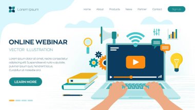 Giyin. İnternet konferansı. Web tabanlı seminer. Mesafe öğrenme. E-öğrenme işi konsepti. Video dersleri için. Çevrimiçi kurslar. İş yeri ve dizüstü bilgisayarla çalışmak. Vektör illüstrasyonu